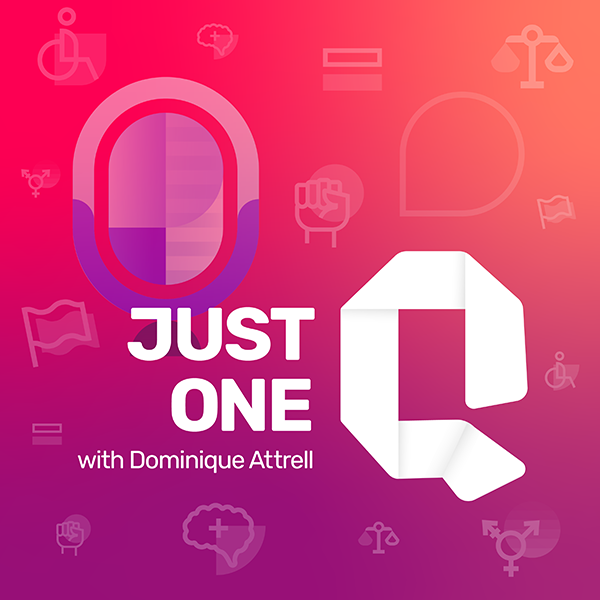 Illustration of a large broadcaster style microphone. Just One Q with Dominique Attrell Show Cover