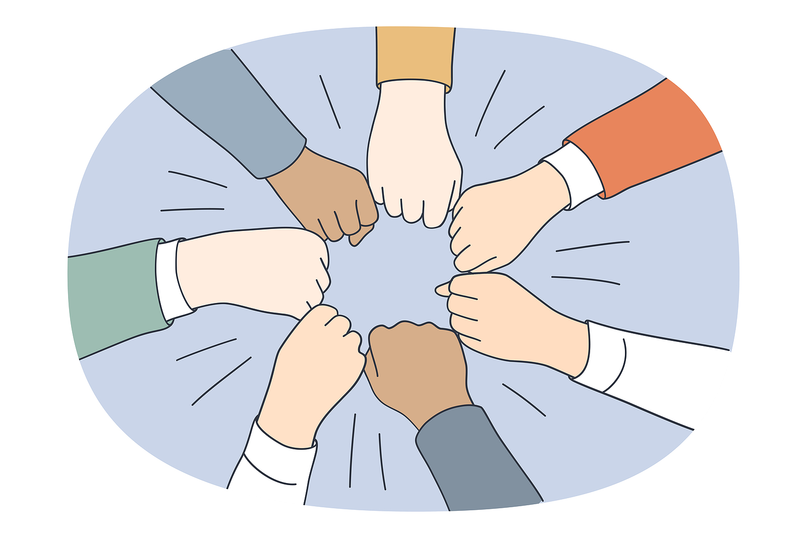 Collaboration teamwork and unity concept. Top view of diverse multi racial group of people pulling fists together in circle meaning togetherness and tolerance vector illustration