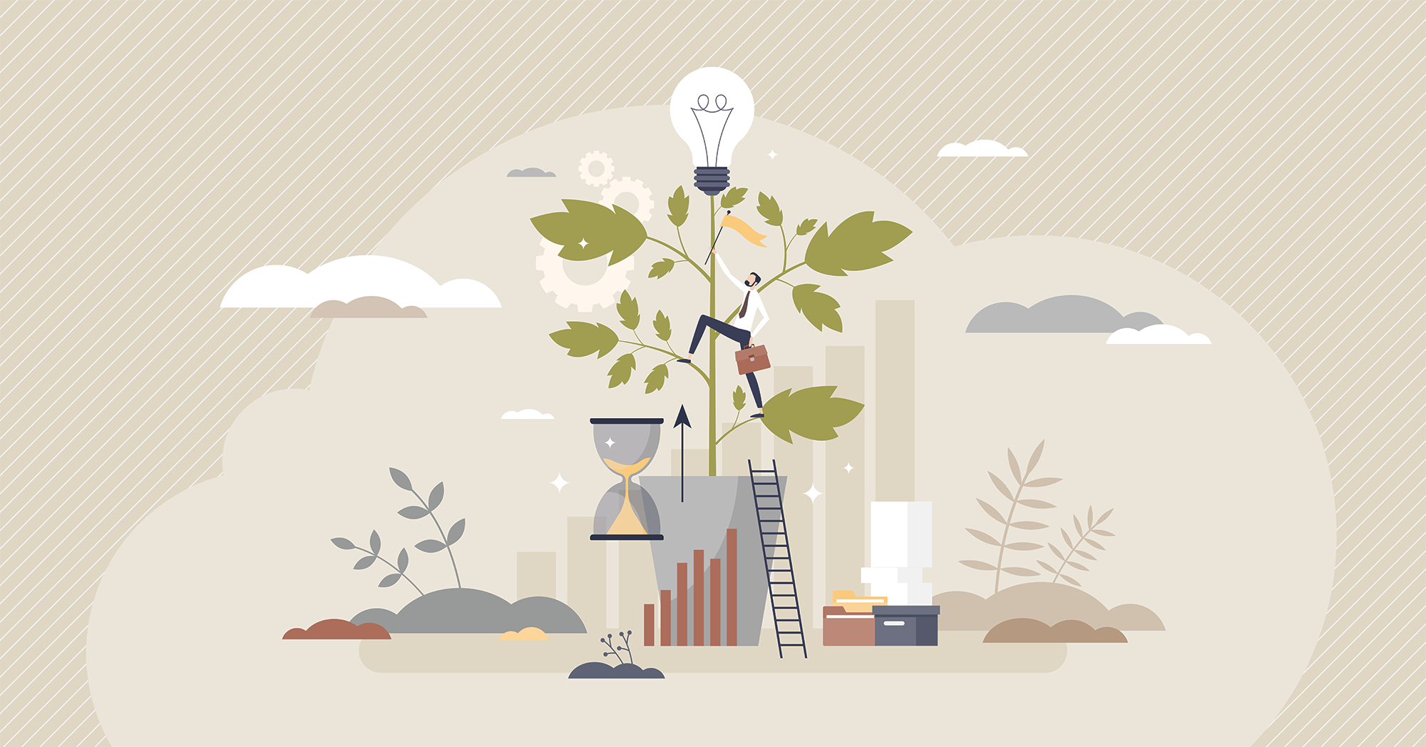 Illustration representing a growing workplace. Plant in the middle with person climbing plant to reach lightbulb on top. Graphs and business items surround the plant.