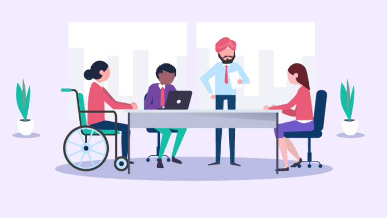 Illustration of diverse colleagues around a boardroom desk including a person who uses a wheelchair and a person in a turban