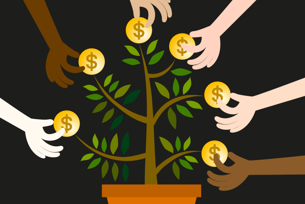 Illustration of a small money tree with 6 coins on it. Diverse hands are reaching for the coins.